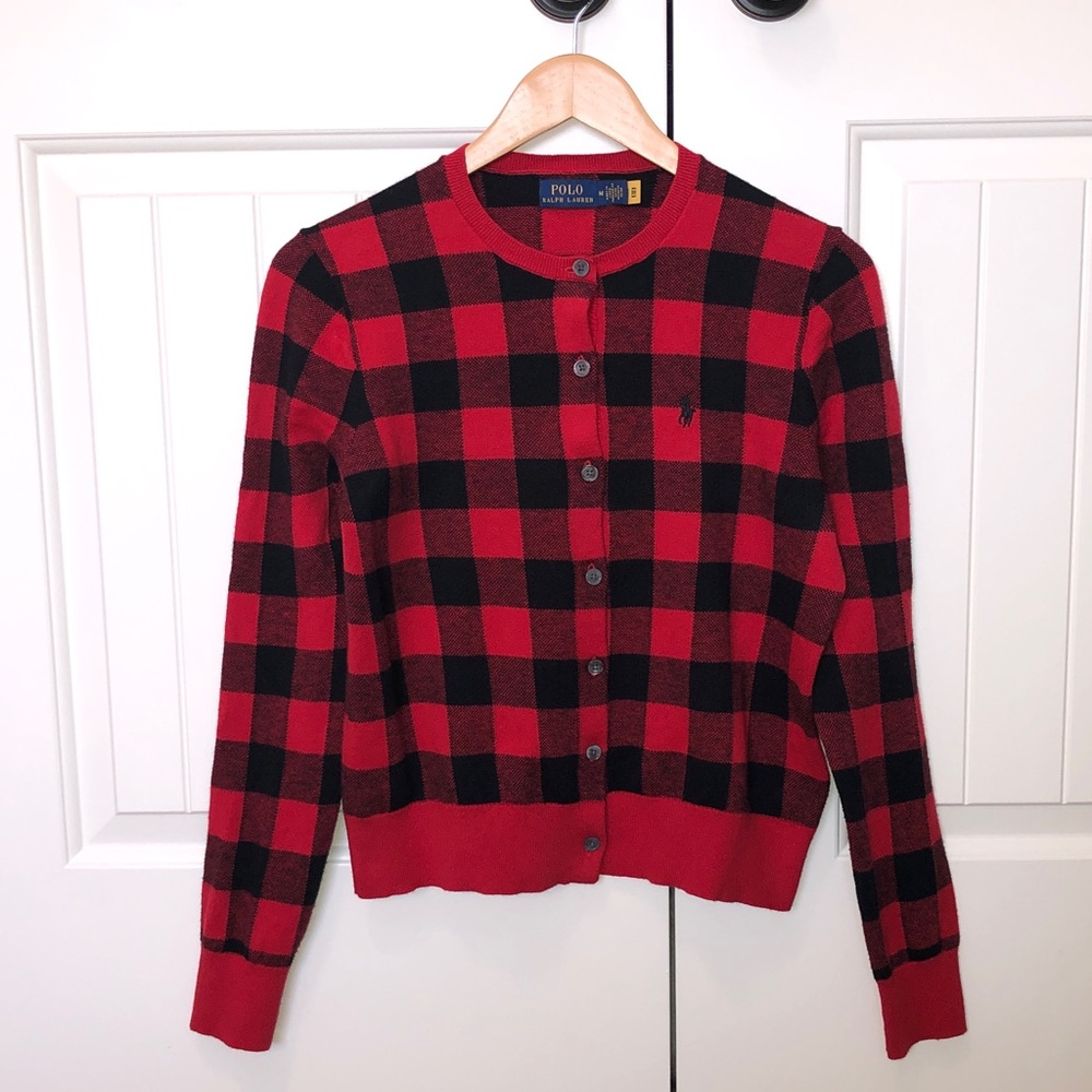 POLO by Ralph Lauren Red & Black Buffalo Plaid Cotton & Wool Cardigan - S/M